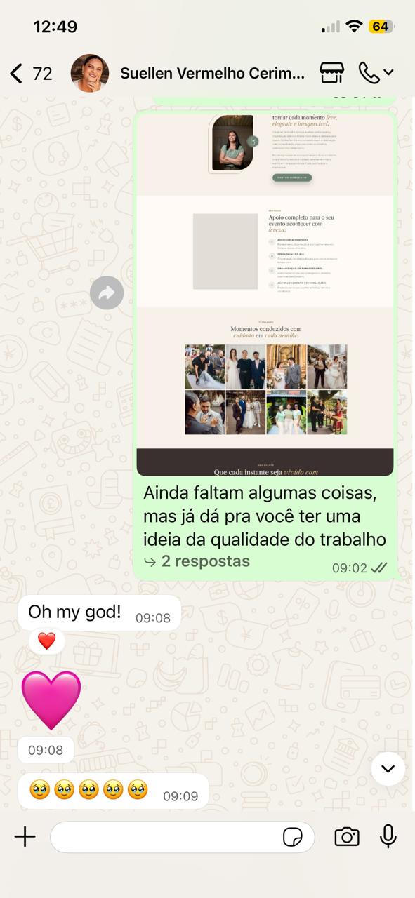 Print de conversa no WhatsApp com reação positiva de cliente à prévia do site