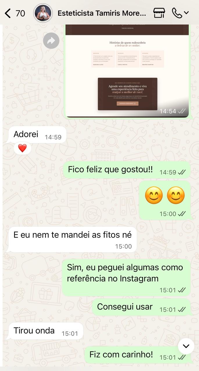 Print de conversa no WhatsApp com cliente elogiando o resultado da landing page