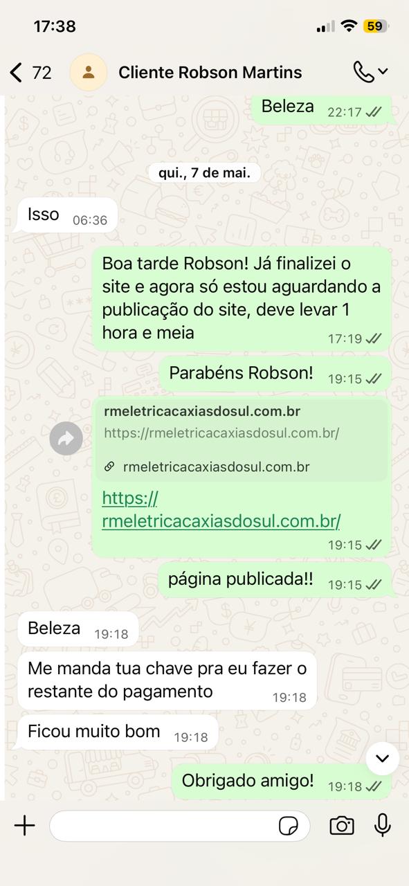 Print de conversa no WhatsApp com cliente dizendo que o site ficou muito bom