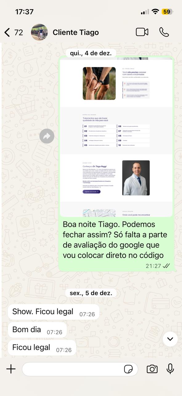 Print de conversa no WhatsApp com cliente dizendo que o site ficou legal