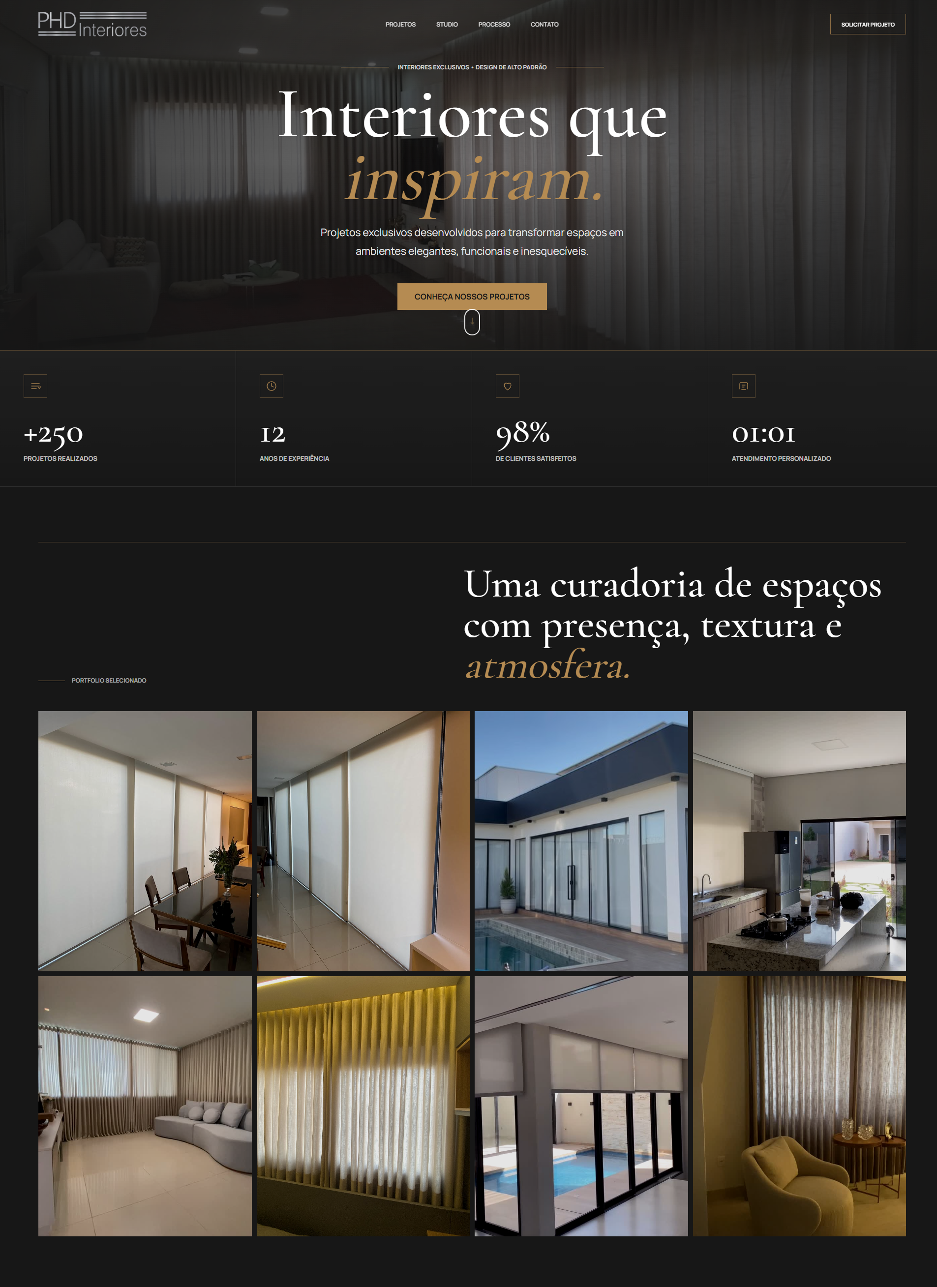 Conceito escuro da landing page PHD Interiores